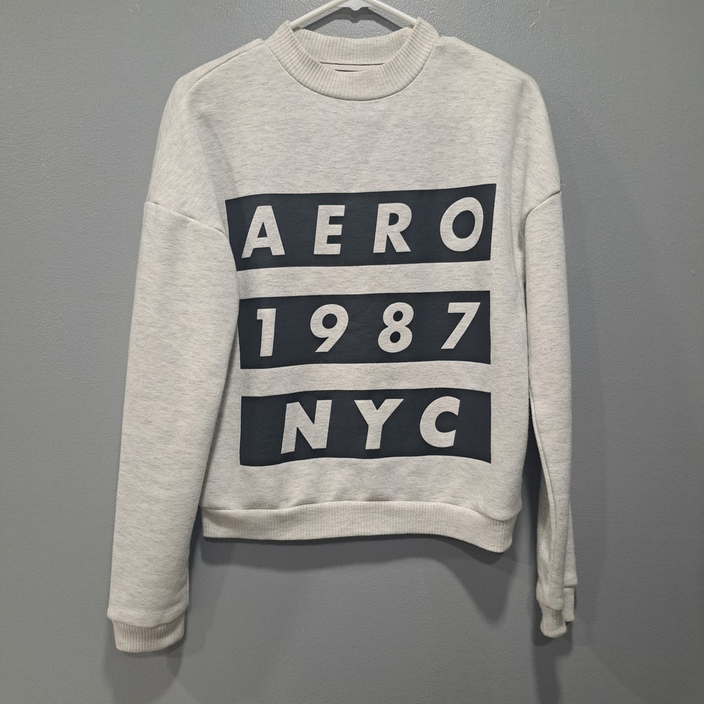 Aeropostale Womens Aero 1987 NYC Graphic Sweatshirt Gray Size Small Oversized‎